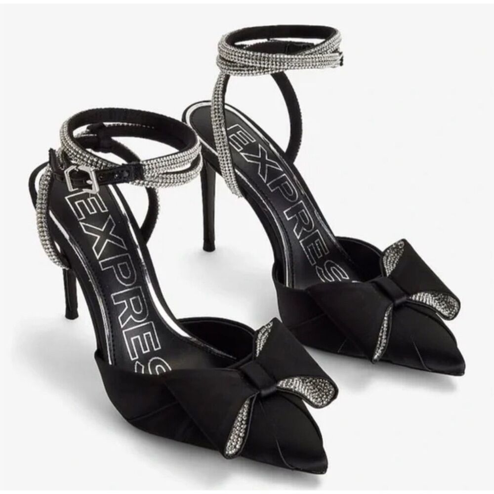 Express Women's Black Wrap Around Ankle Rhinestone Bow  Heels Size 8‎